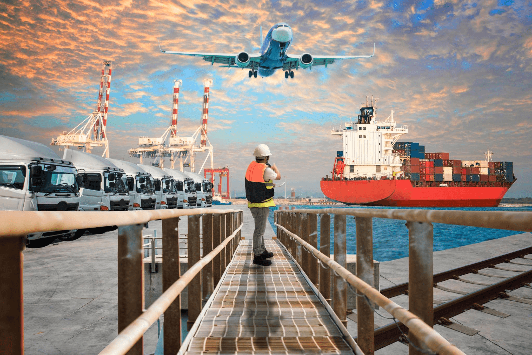 Multimodal container transport connecting sea, road, and air
